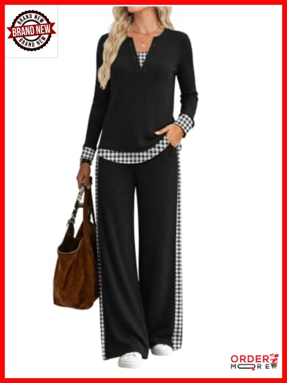 Women's 2-Piece Lounge Set Ribbed Knit Henley Wide Leg Pants Travel